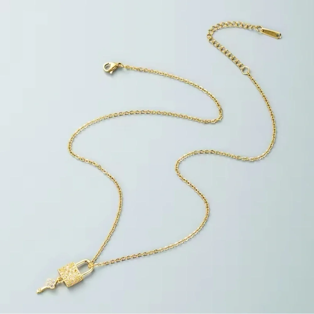 18K Gold Clover & Flower Diamond Lock & Key Luxury Inspired Design Necklace